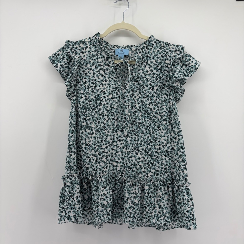 CeCe Womens Medium Teal Floral Peplum Blouse Ruffle Sleeve Tie Neck Top